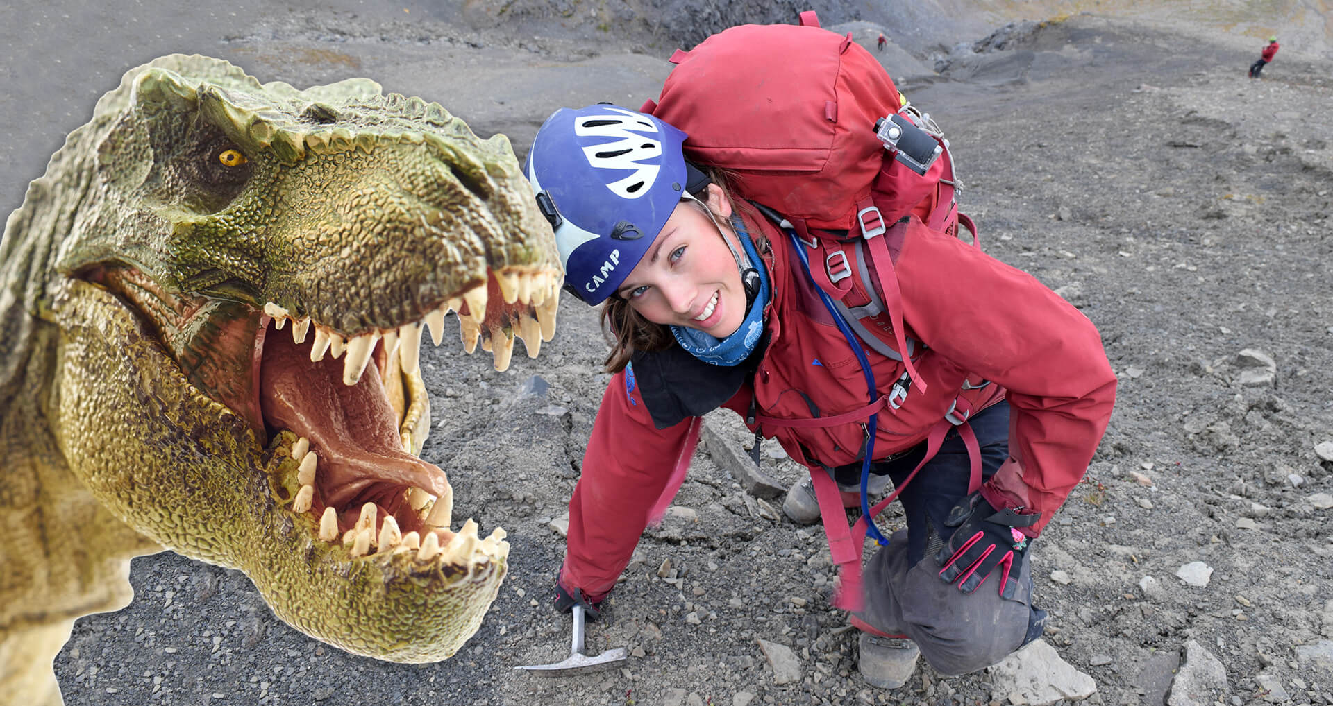 Tyrannosaurus og jente som smiler på Svalbard