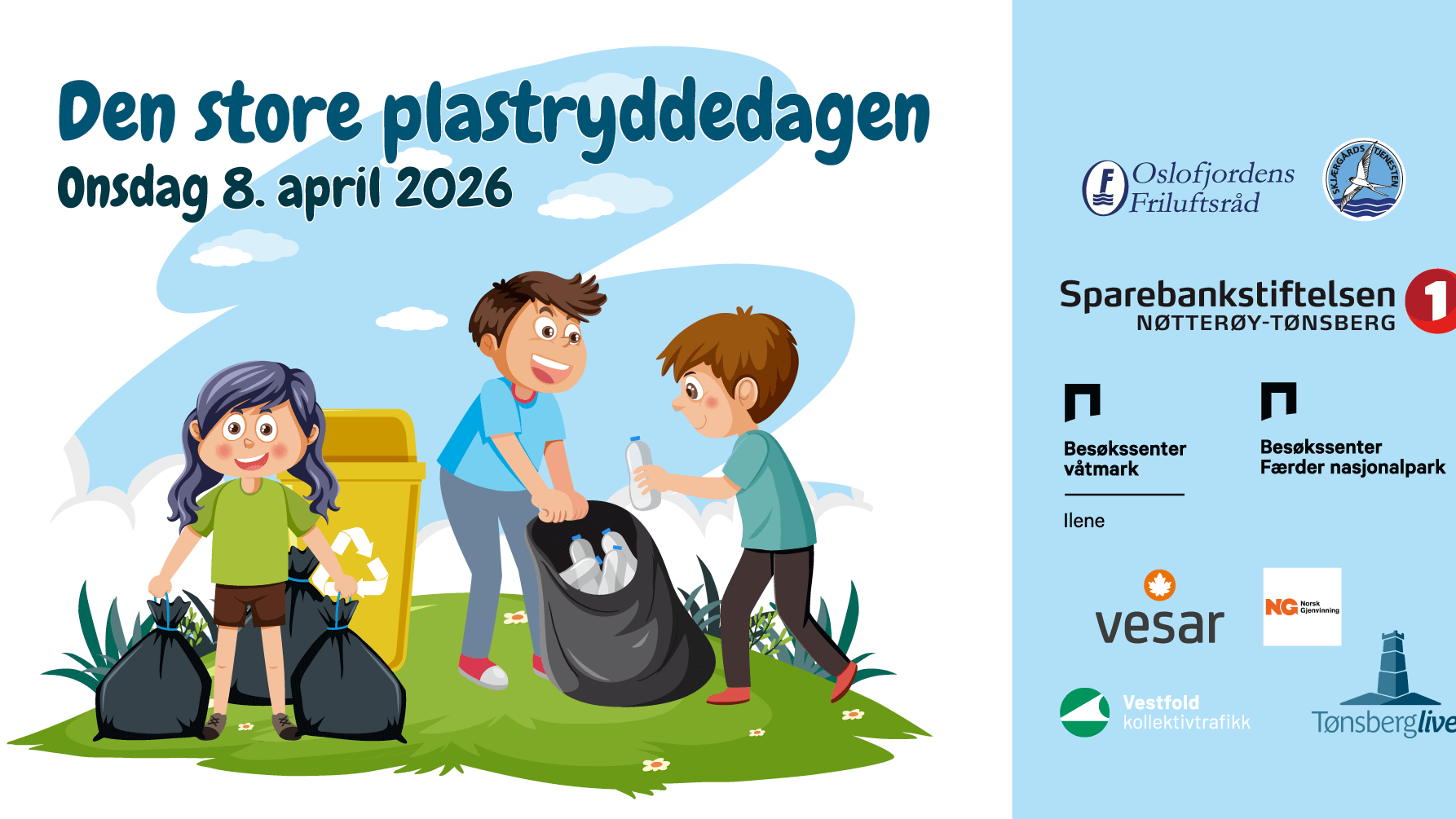 Tegning av barn som rydder søppel og logoer.